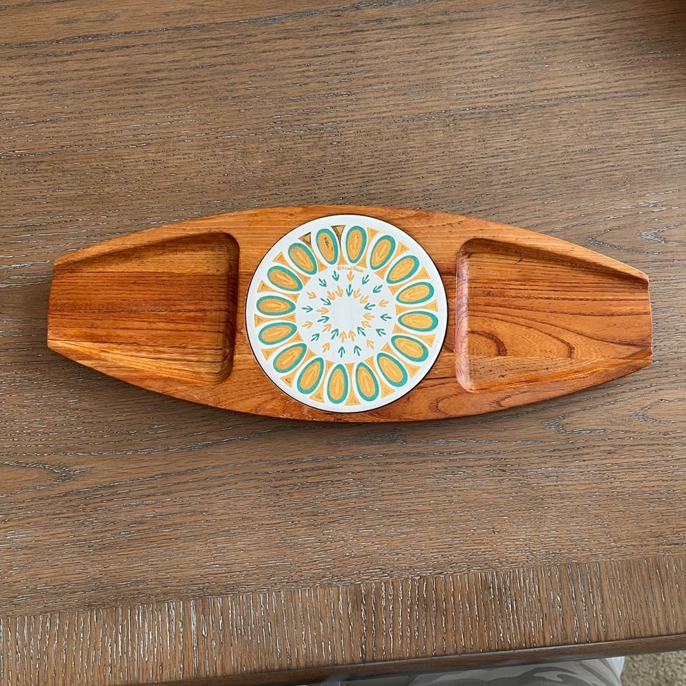 Vintage Fred Press Hand Carved Wooden Charcuterie Tray with Tile‎ Inlay